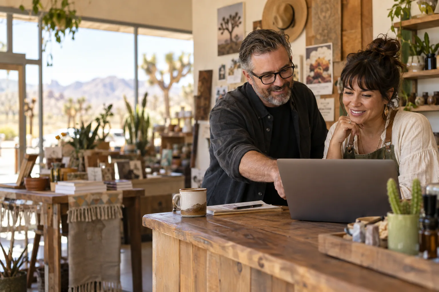 A local business owner and consultant reviewing a business workflow together